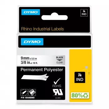 DYMO Rhino Etiquetas de poliéster permanente industriales | 9 mm x 5,5 m | Impresión negra sobre transparente | Autoadhesivas | para impresoras de etiquetas LabelManager y Rhino