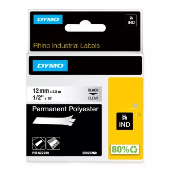 DYMO Rhino Etiquetas de poliéster permanente industriales | 12 mm x 5,5 m | Impresión negra sobre transparente | Autoadhesivas | para etiquetadoras LabelManager y Rhino