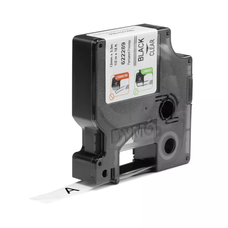 DYMO Rhino Etiquetas de poliéster permanente industriales | 12 mm x 5,5 m | Impresión negra sobre transparente | Autoadhesivas | para etiquetadoras LabelManager y Rhino
