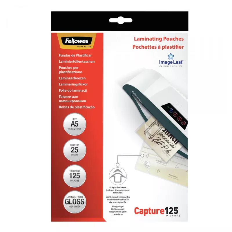 Fellowes ImageLast A5 125 micras Fundas de laminar – pack de 25, brillante, transparente, A5, 0,125 mm, 218 mm, 1 mm