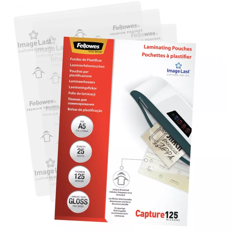 Fellowes ImageLast A5 125 micras Fundas de laminar – pack de 25, brillante, transparente, A5, 0,125 mm, 218 mm, 1 mm