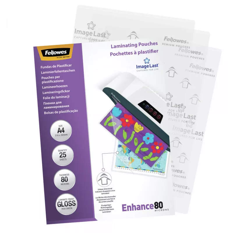 Fellowes ImageLast A4 80 micras Fundas de laminar – pack de 25, brillante, transparente, A4, 0,08 mm, 210 mm, 1 mm