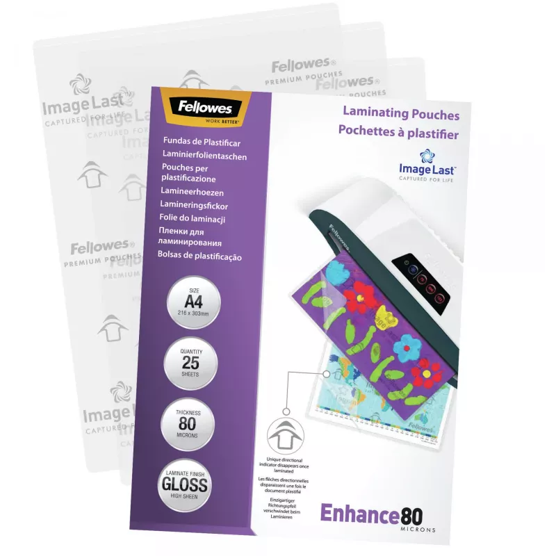 Fellowes ImageLast A4 80 micras Fundas de laminar – pack de 25, brillante, transparente, A4, 0,08 mm, 210 mm, 1 mm