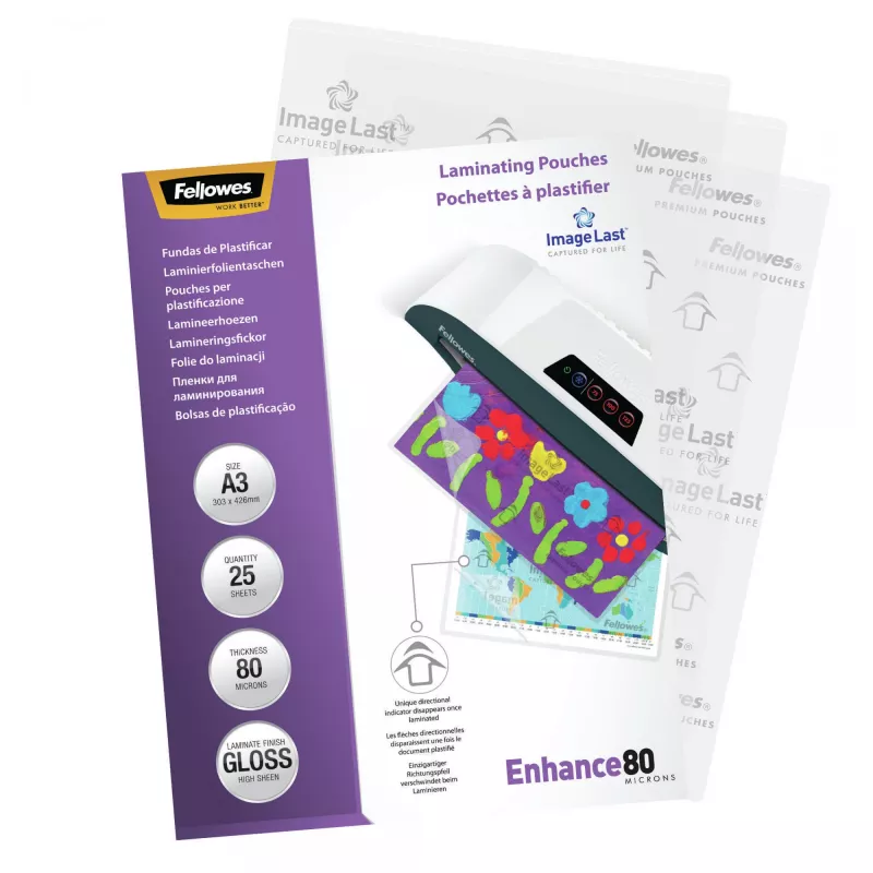 Fellowes ImageLast A3 80 micras Funda de laminar - pack de 25, brillante, transparente, A3, 0,08 mm, 430 mm, 1 mm