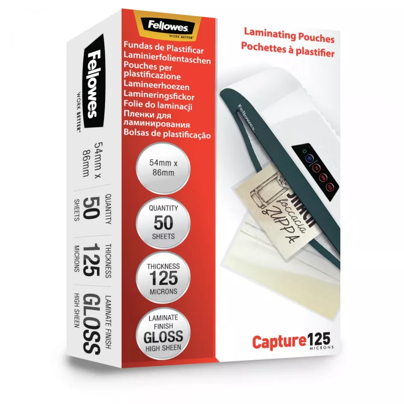 Fellowes Glossy 125 micras Fundas de laminar para tarjetas - 54x86mm, brillante, transparente, 0,125 mm, 86 mm, 1 mm, 54 mm