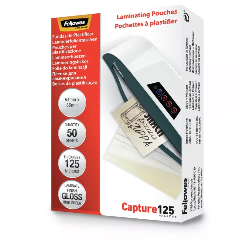 Fellowes Glossy 125 micras Fundas de laminar para tarjetas - 54x86mm, brillante, transparente, 0,125 mm, 86 mm, 1 mm, 54 mm