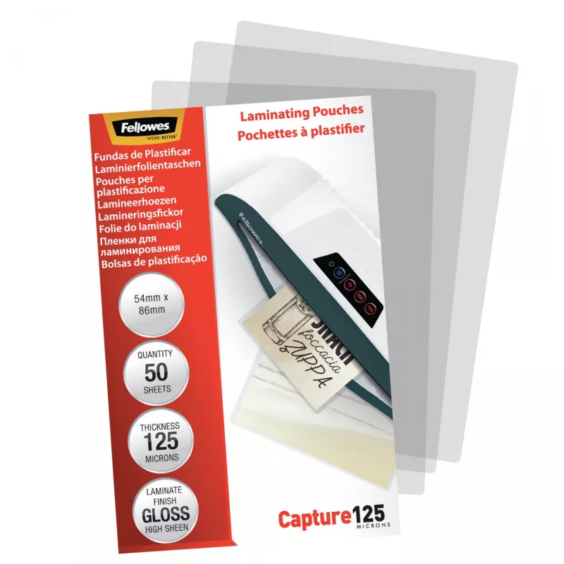 Fellowes Glossy 125 micras Fundas de laminar para tarjetas - 54x86mm, brillante, transparente, 0,125 mm, 86 mm, 1 mm, 54 mm