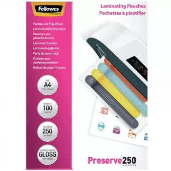 Fellowes A4 Glossy 250 micras Fundas de laminar – pack de 100, Brillante, Transparente, A4, 0,25 mm, 210 mm, 1 mm