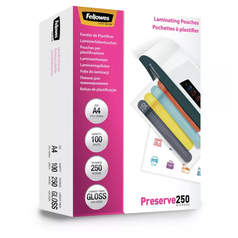 Fellowes A4 Glossy 250 micras Fundas de laminar – pack de 100, Brillante, Transparente, A4, 0,25 mm, 210 mm, 1 mm
