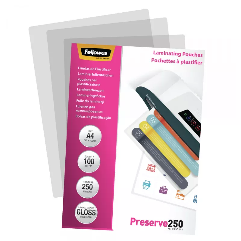 Fellowes A4 Glossy 250 micras Fundas de laminar – pack de 100, Brillante, Transparente, A4, 0,25 mm, 210 mm, 1 mm