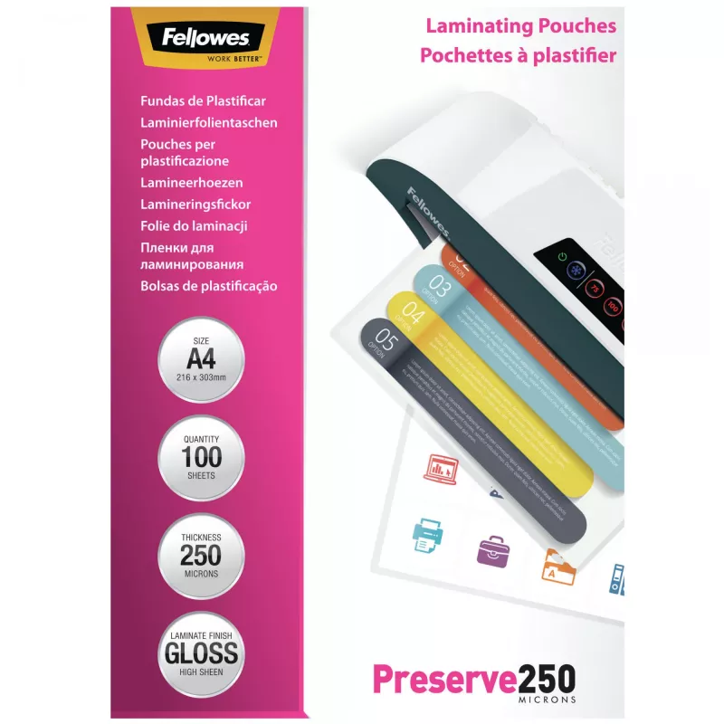Fellowes A4 Glossy 250 micras Fundas de laminar – pack de 100, Brillante, Transparente, A4, 0,25 mm, 210 mm, 1 mm