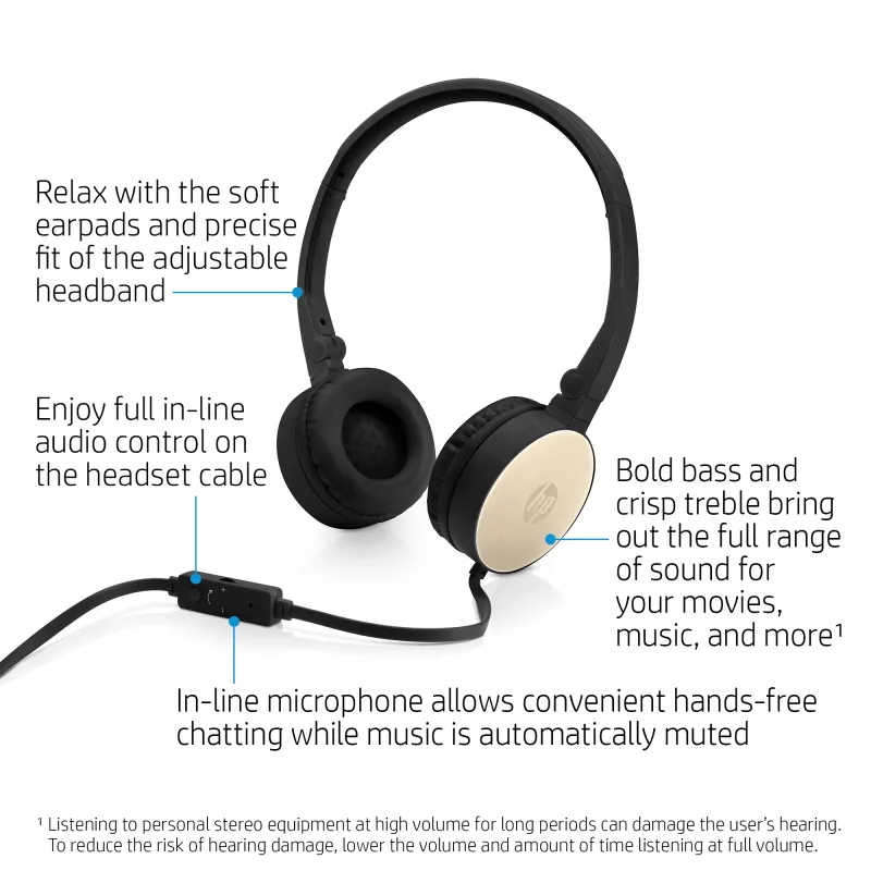 HP Auriculares estéreo H2800 (negro con dorado seda), con cable, llamadas/música, 125 g, auriculares, negro, dorado