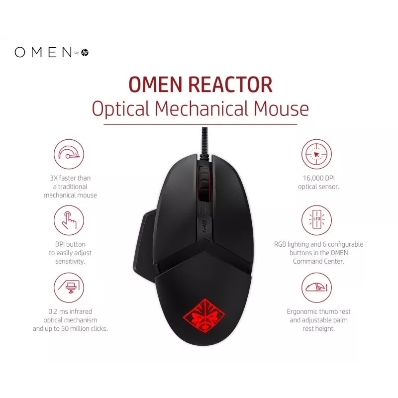 HP OMEN by Reactor Ratón, diestro, óptico, USB Type-A, 16000 DPI, 0,2 ms, negro