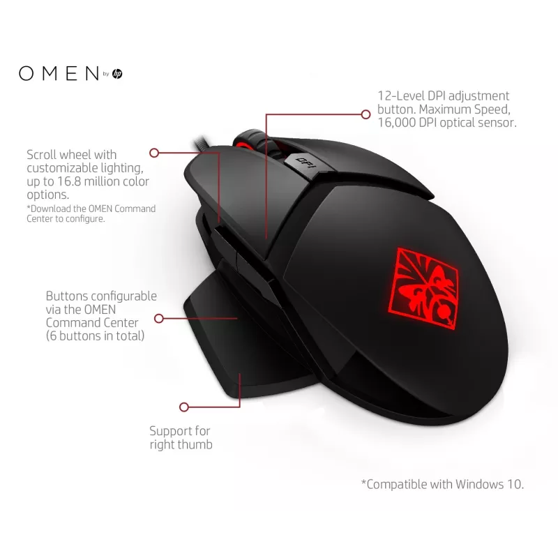 HP OMEN by Reactor Ratón, diestro, óptico, USB Type-A, 16000 DPI, 0,2 ms, negro