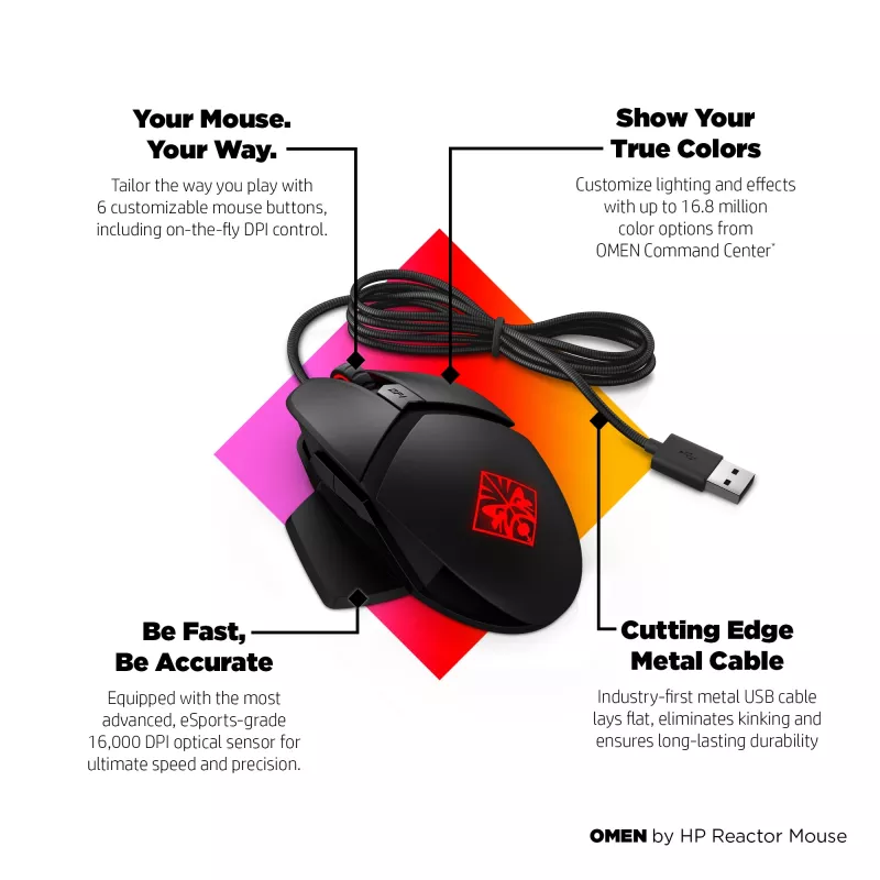 HP OMEN by Reactor Ratón, diestro, óptico, USB Type-A, 16000 DPI, 0,2 ms, negro