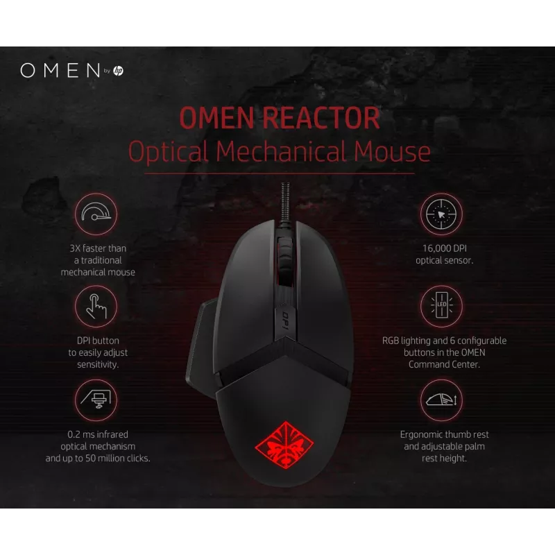 HP OMEN by Reactor Ratón, diestro, óptico, USB Type-A, 16000 DPI, 0,2 ms, negro