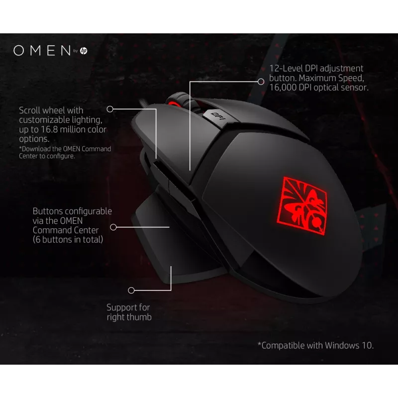 HP OMEN by Reactor Ratón, diestro, óptico, USB Type-A, 16000 DPI, 0,2 ms, negro