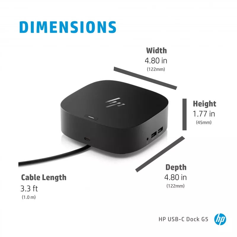 HP USB-C Dock G5, con cable, USB 3.2 Gen 1 (3.1 Gen 1) Type-C, negro, negro, China, Tailandia, México, HP