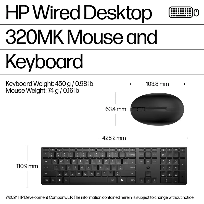 Conjunto de teclado y ratón con cable HP Wired Desktop 320MK