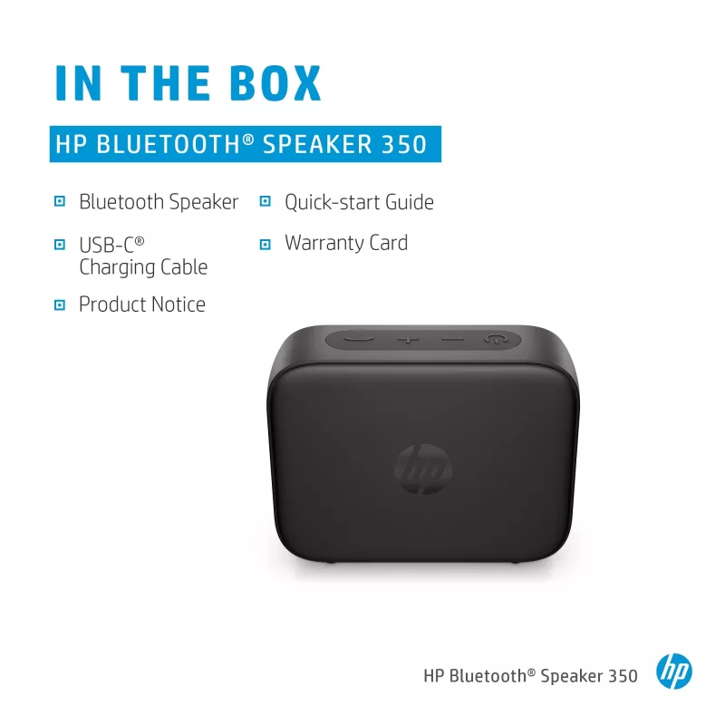 HP Negro Altavoz Bluetooth 350, inalámbrico, USB Type-C, altavoz portátil mono, negro, rectangular, botones