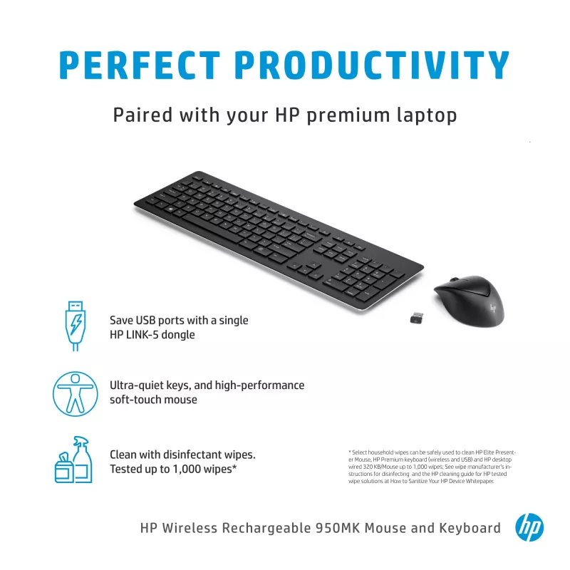 HP Wireless Rechargeable 950MK Ratón y teclado, tamaño completo, inalámbrico, mecánico