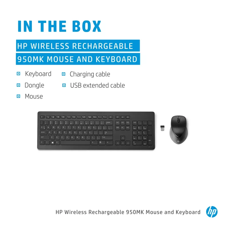 HP Wireless Rechargeable 950MK Ratón y teclado, tamaño completo, inalámbrico, mecánico