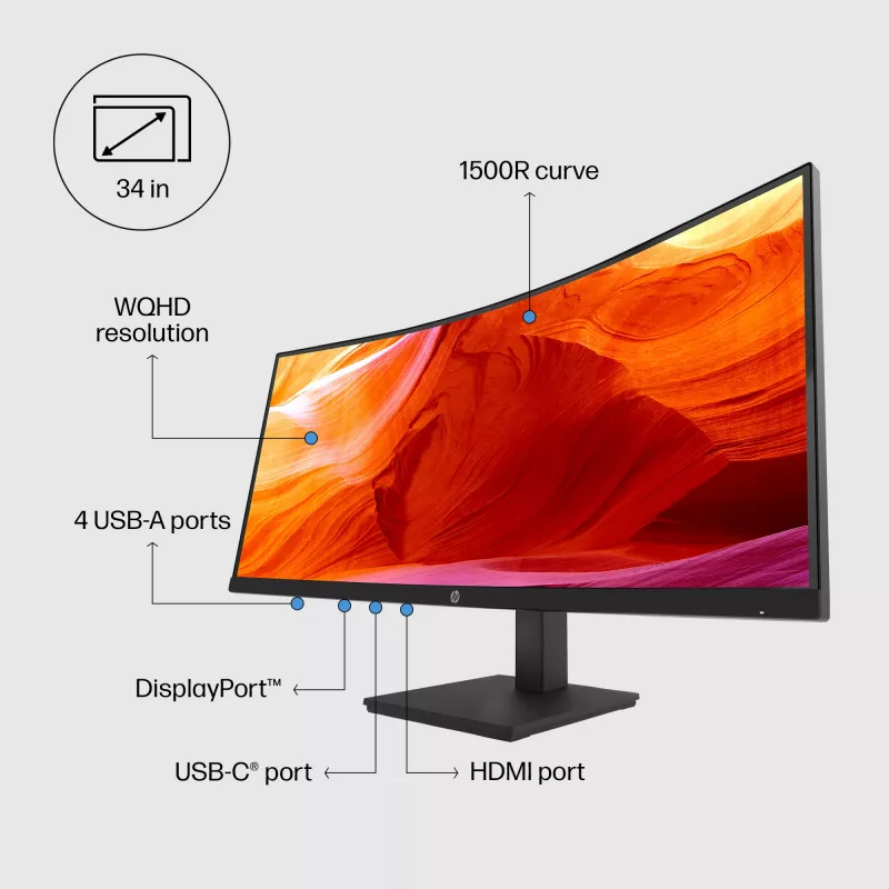 HP P34hc G4 Monitor curvo WQHD USB-C, 86,4 cm (34 inch), 3440 x 1440 píxeles, Wide Quad HD, LCD, 5 ms, negro