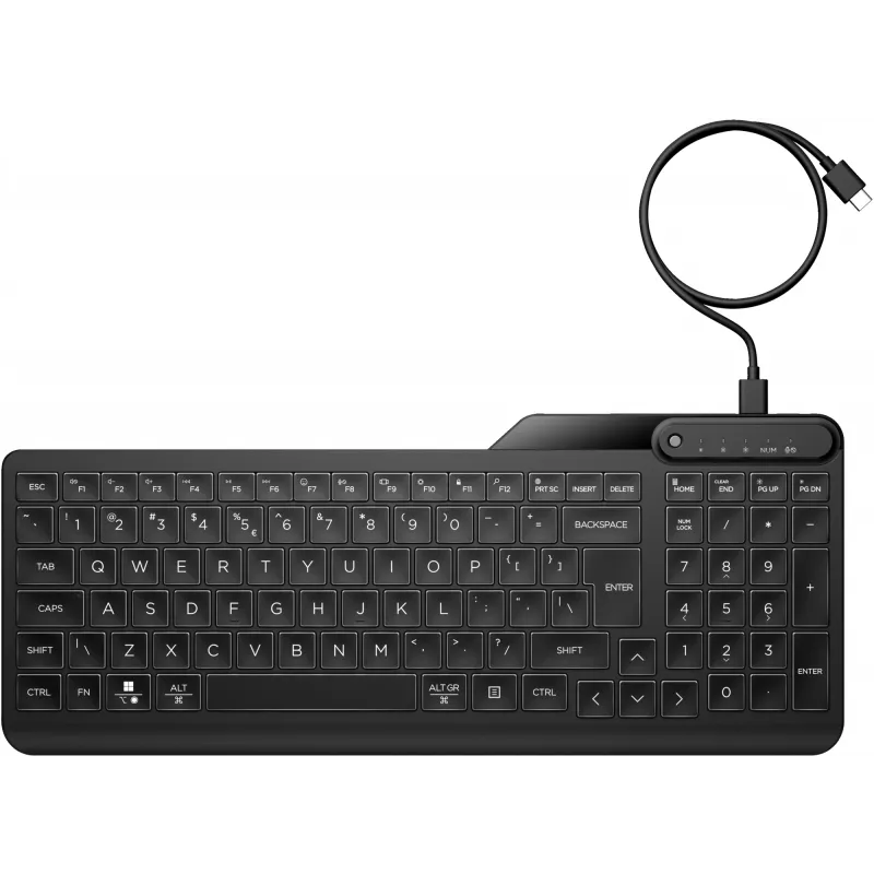 Teclado HP 405 multidispositivo con cable y retroiluminación, tamaño completo (100%), con cable, USB, membrana, negro