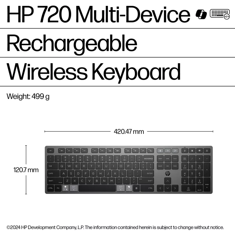 Teclado inalámbrico recargable multidispositivo HP 720, tamaño completo (100%), inalámbrico, USB + Bluetooth, mecánico, QWERTY, negro