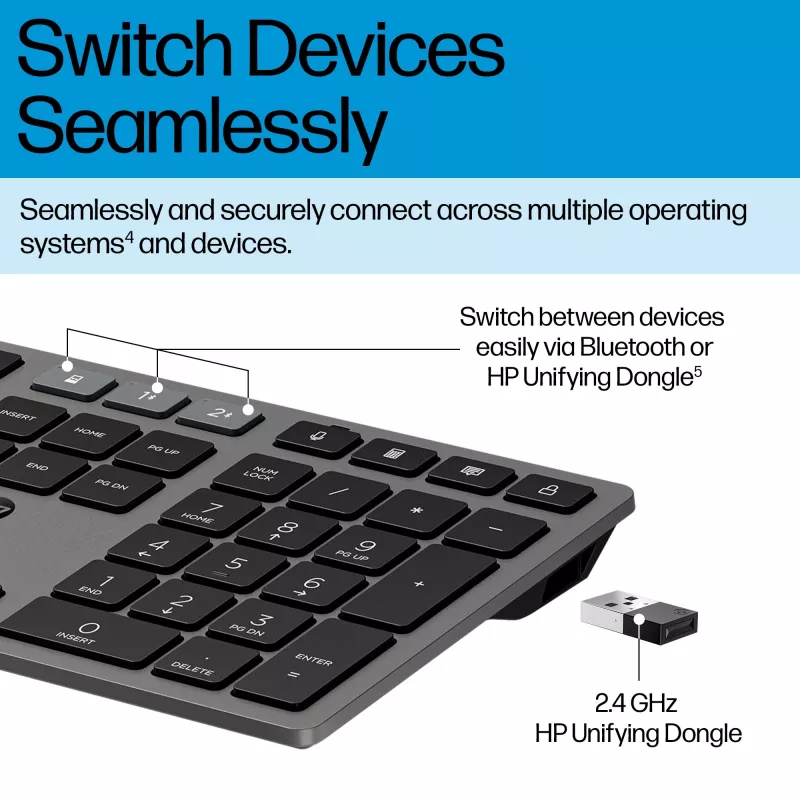 Teclado inalámbrico recargable multidispositivo HP 720, tamaño completo (100%), inalámbrico, USB + Bluetooth, mecánico, QWERTY, negro
