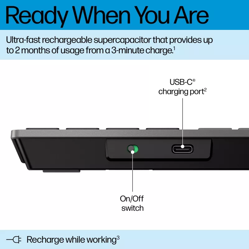 Teclado inalámbrico recargable multidispositivo HP 720, tamaño completo (100%), inalámbrico, USB + Bluetooth, mecánico, QWERTY, negro
