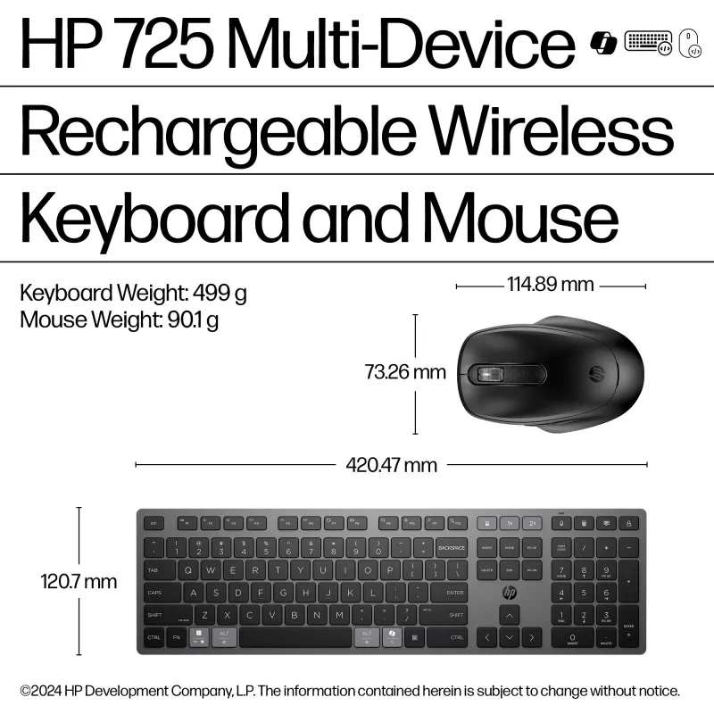 Conjunto de teclado y ratón inalámbrico recargable multidispositivo HP 725 tamaño completo inalámbrico Bluetooth