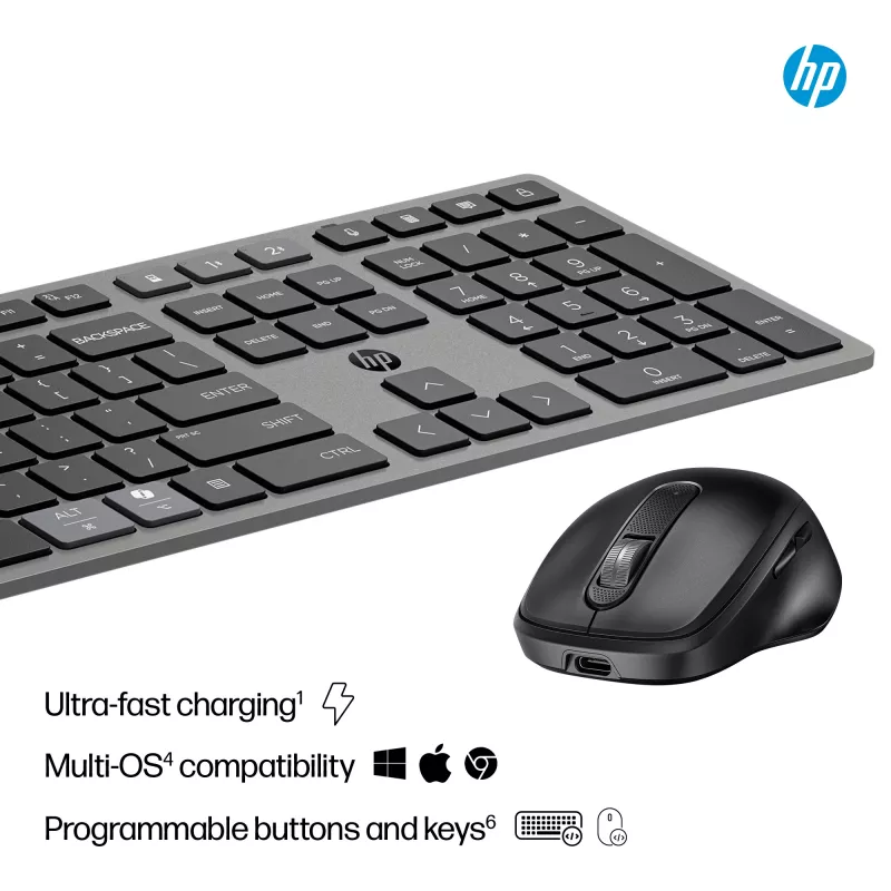 Conjunto de teclado y ratón inalámbrico recargable multidispositivo HP 725 tamaño completo inalámbrico Bluetooth