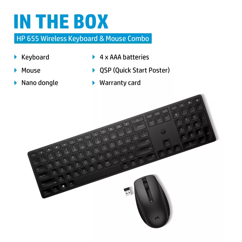 Combo de teclado y ratón inalámbrico HP 655, negro, ratón incluido