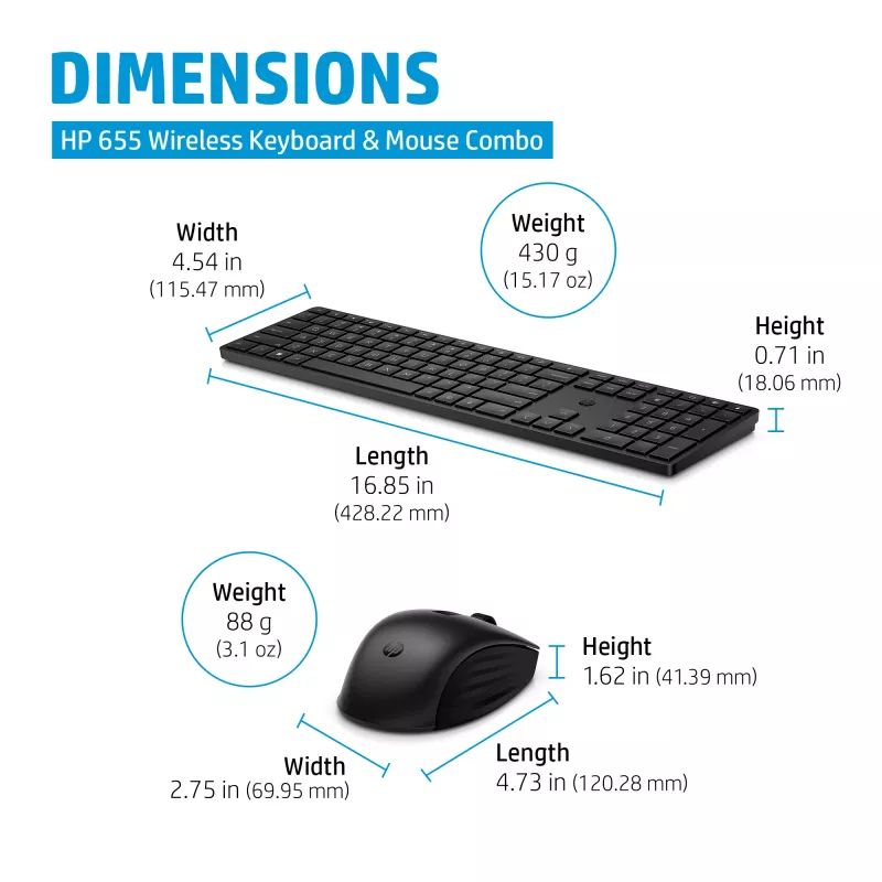 Combo de teclado y ratón inalámbrico HP 655, negro, ratón incluido