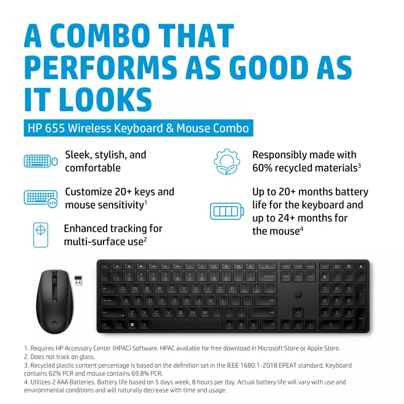 Combo de teclado y ratón inalámbrico HP 655, negro, ratón incluido