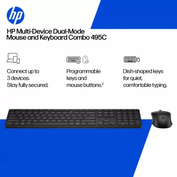 Conjunto de teclado y ratón HP 495C — Teclado inalámbrico Full-Size, ratón Multi-Device, USB/RF/Bluetooth, negro