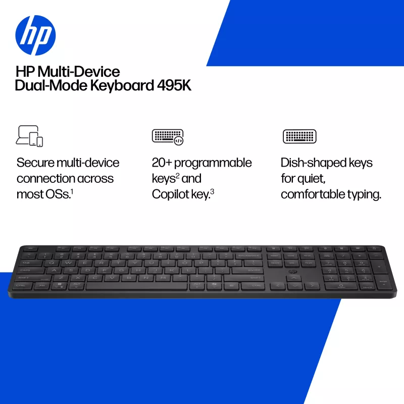 HP 495K Teclado Multi-Device Dual-Mode, Full-Size (100 %), inalámbrico, USB + Bluetooth, Negro