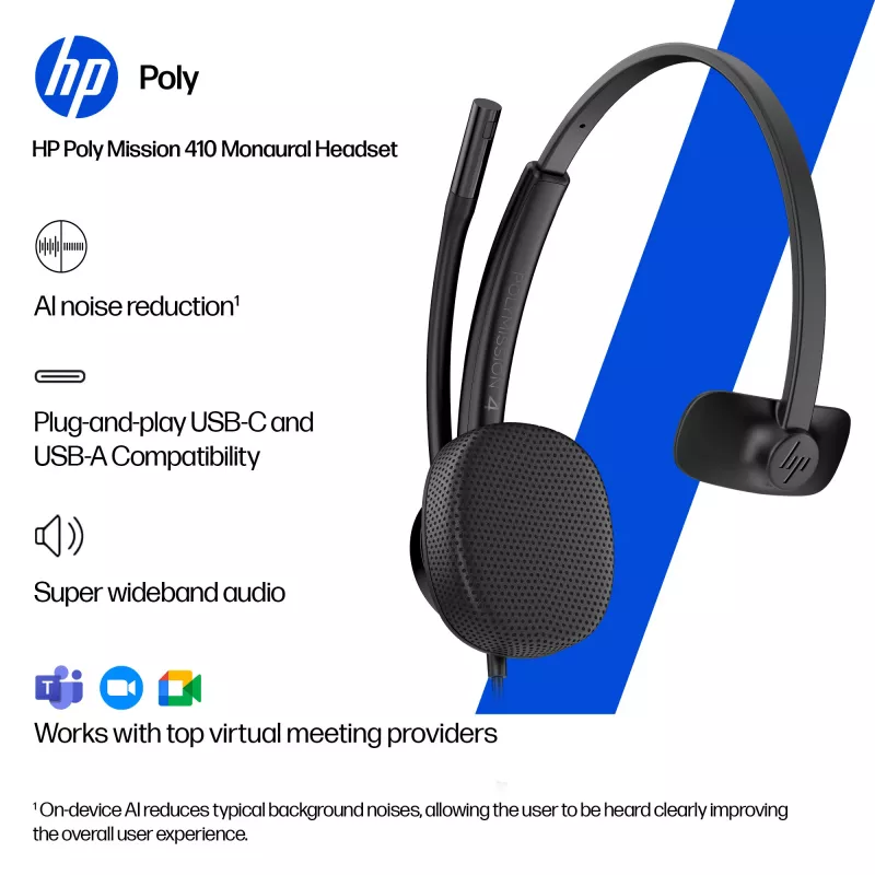 Auriculares USB con cable HP Poly Mission 415 monoaurales (a granel), 99 g, negro