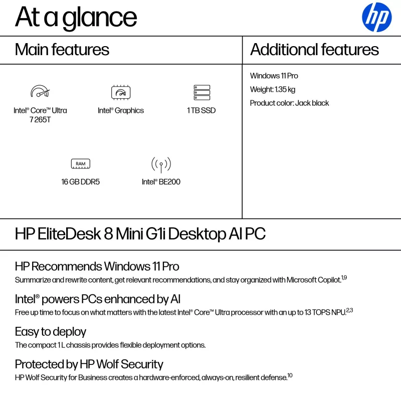 Mini PC HP EliteDesk 8 Mini G1i AI — Intel Core Ultra 7 265T, 16 GB DDR5, 1 TB SSD, Windows 11 Pro, Negro