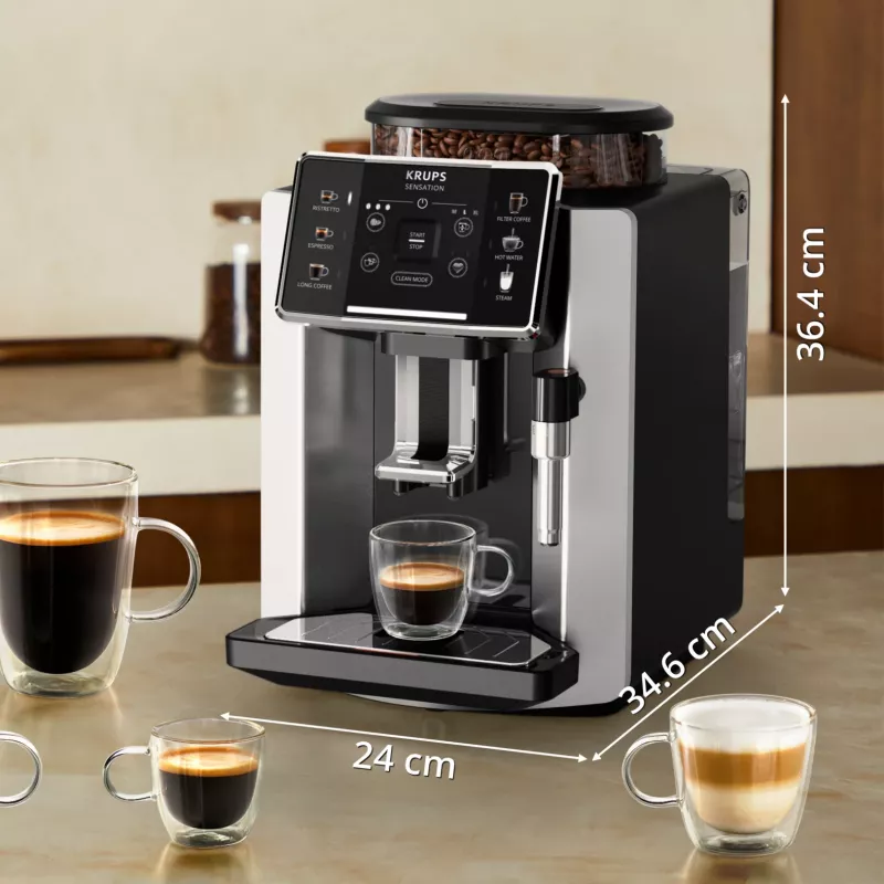 Cafetera de espresso KRUPS Sensation EA910E — superautomática, depósito de agua de 1,7 l, molinillo integrado, 2 salidas, 1450 W