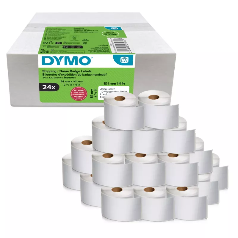 Pack de rollos de etiquetas Dymo LabelWriter 101 x 54 mm, etiquetas de papel blancas, 24 rollos (220 etiquetas/rollo)