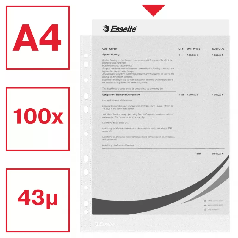 Esselte Fundas transparentes A4 – Economy –, 210 x 297 mm (A4), transparente, polipropileno (PP), vertical, superior, 230 mm