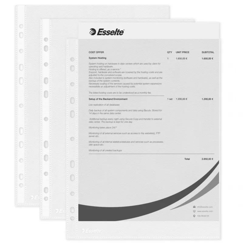 Esselte Fundas transparentes A4 – Economy –, 210 x 297 mm (A4), transparente, polipropileno (PP), vertical, superior, 230 mm