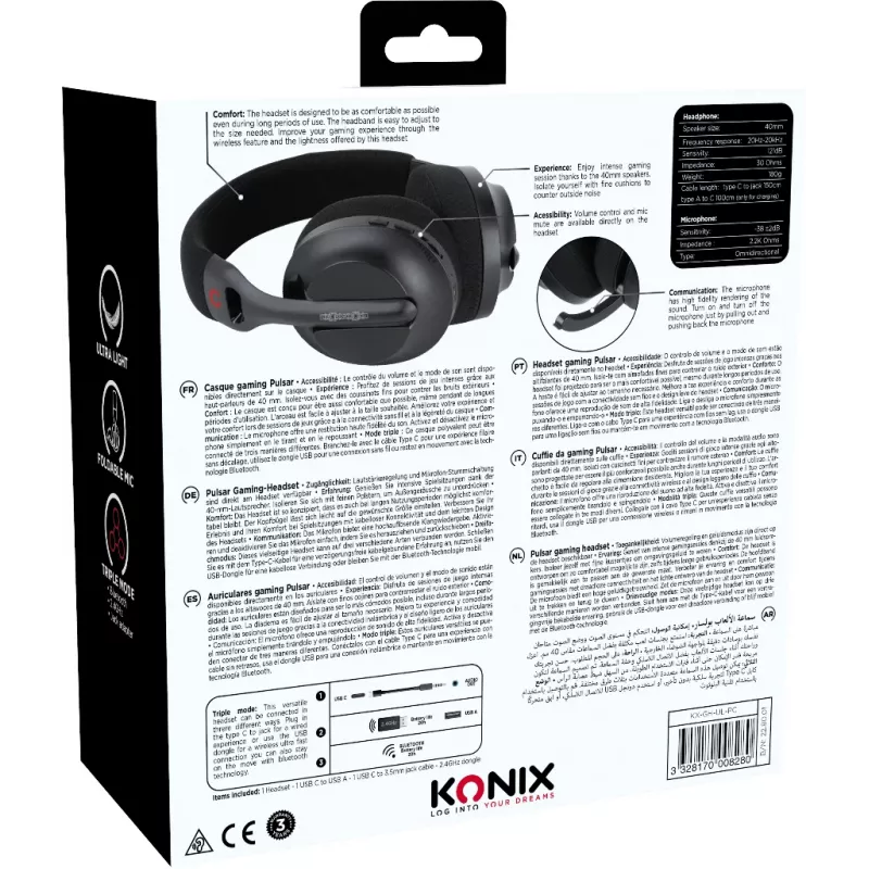 Konix PULSAR Auriculares con cable e inalámbricos diadema gaming USB Type-C Bluetooth negro