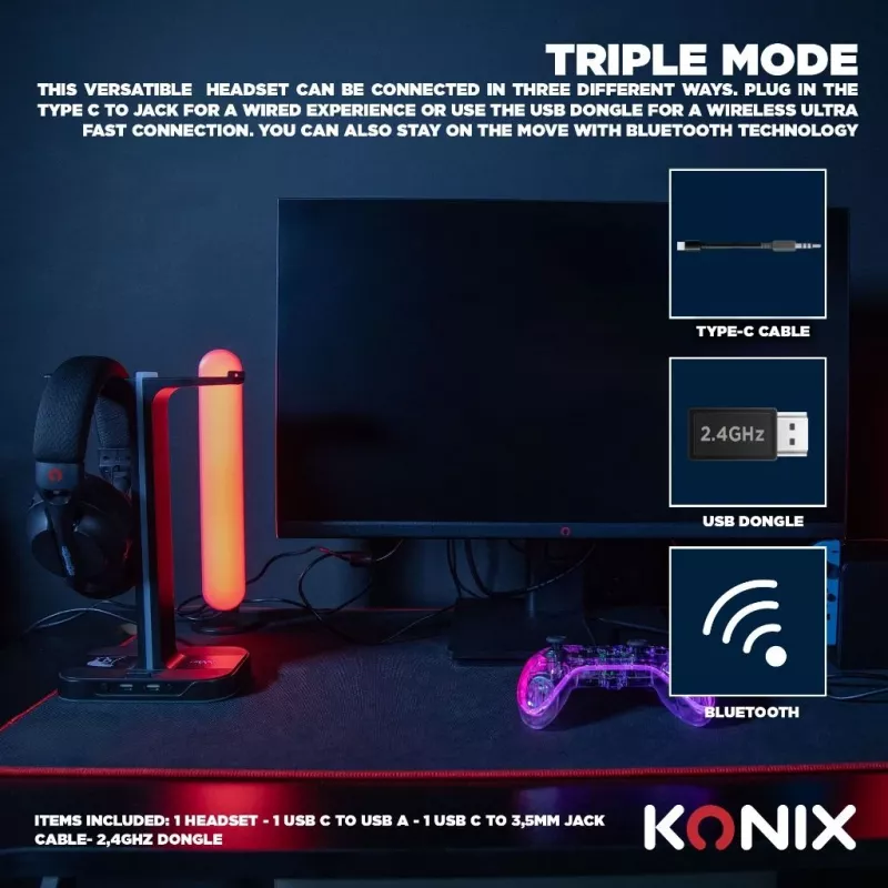 Konix PULSAR Auriculares con cable e inalámbricos diadema gaming USB Type-C Bluetooth negro