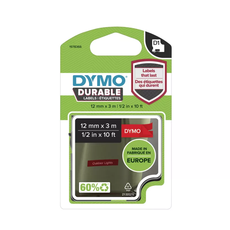DYMO Authentic D1 Durable Labels | Impresión negra sobre cinta roja | 12 mm x 3 m | Cinta de rotulación para impresoras de etiquetas LabelManager
