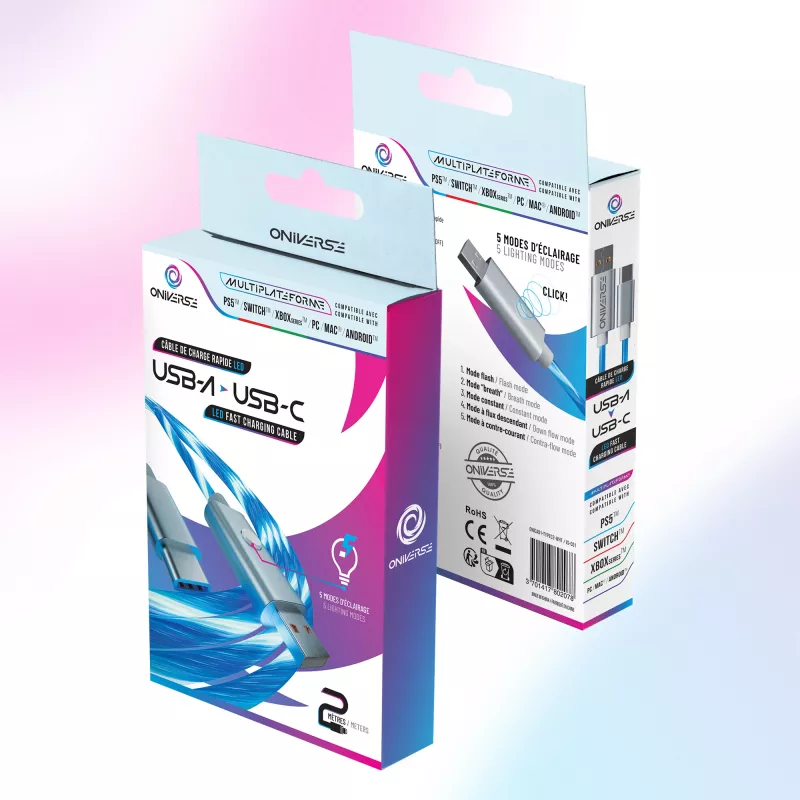 Oniverse cable USB-A a USB-C Quick Charge con LED - 2 metros - blanco (multiplataforma)