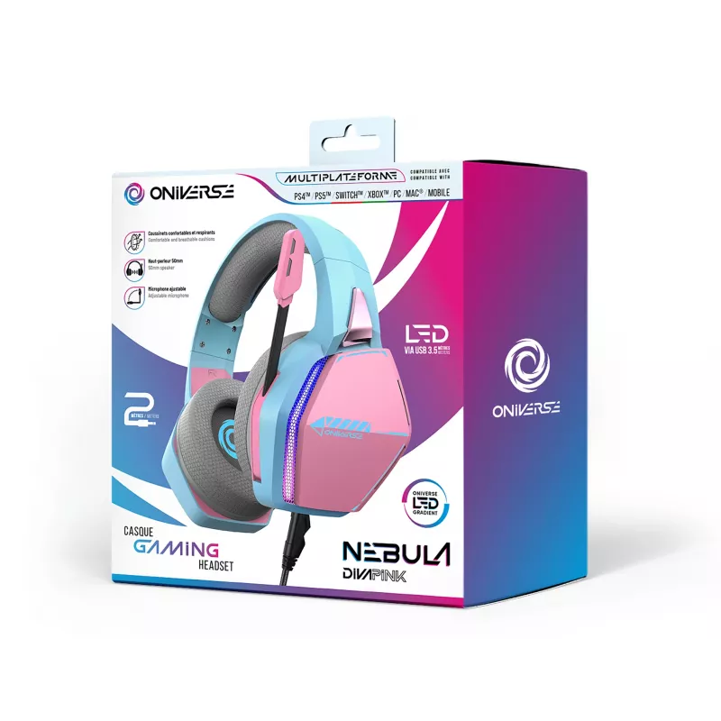 Oniverse auriculares gaming Nebula - Diva Pink (multiplataforma), con cable, gaming, 20 - 20000 Hz, 356 g, auriculares, cian, rosa