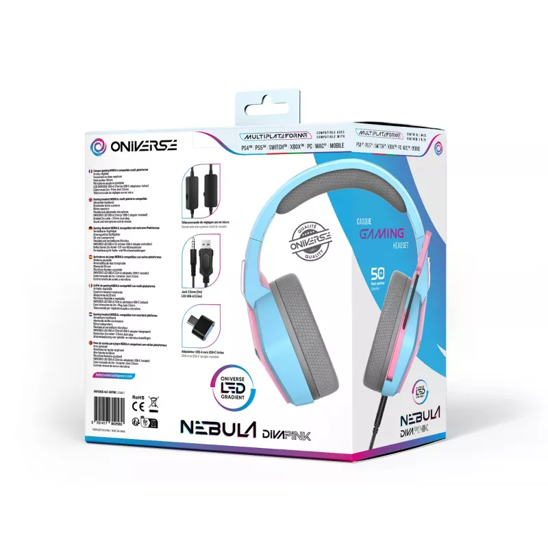 Oniverse auriculares gaming Nebula - Diva Pink (multiplataforma), con cable, gaming, 20 - 20000 Hz, 356 g, auriculares, cian, rosa